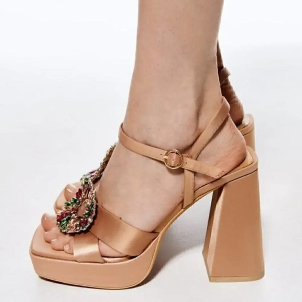 ZARA Nude Platform Block Heel Sandals Rhinestone Jewel Buckle NWT Size 8